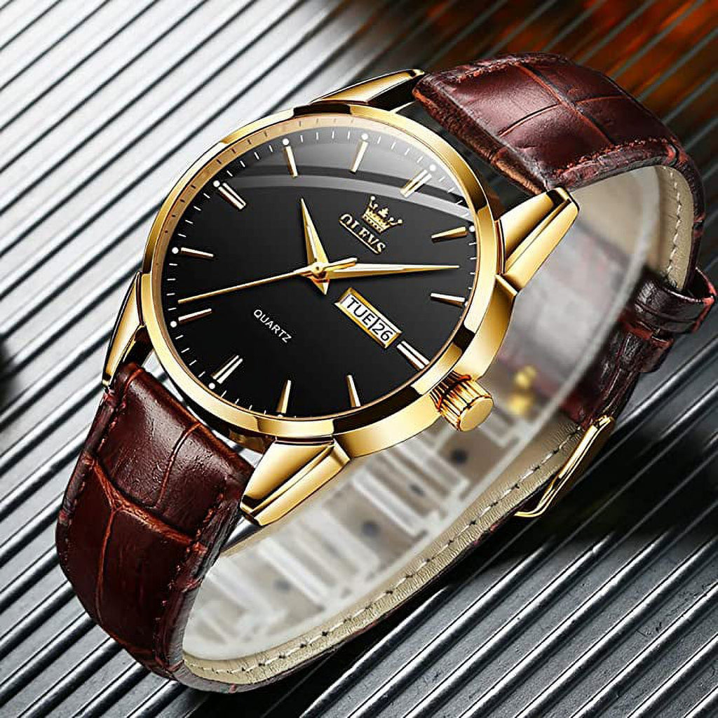 Men's Casual Analog Quartz Watch Brown/Black Leather Band O410
