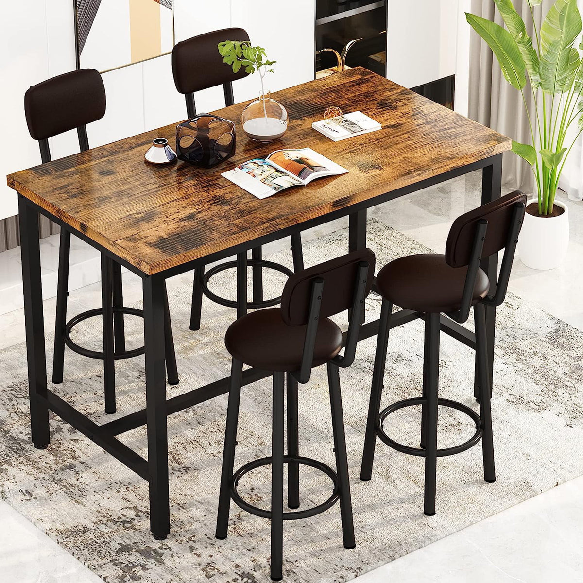 Faux Wooden 5-Piece Table Set with 4 Upholstered Chairs J42347