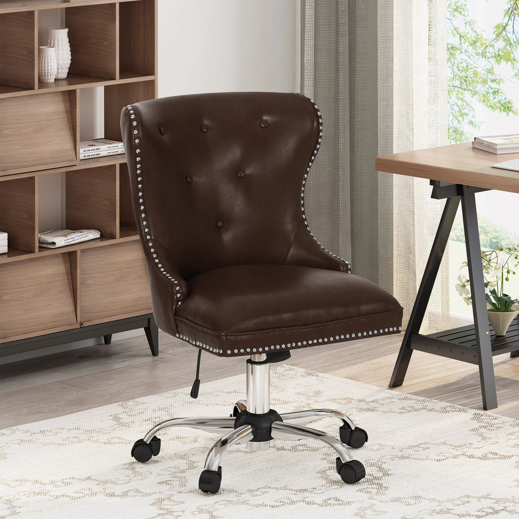 Dark Brown and Chrome Tufted Swivel Office Chair H86329