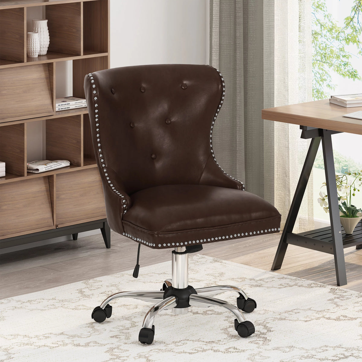 Dark Brown and Chrome Tufted Swivel Office Chair H86329
