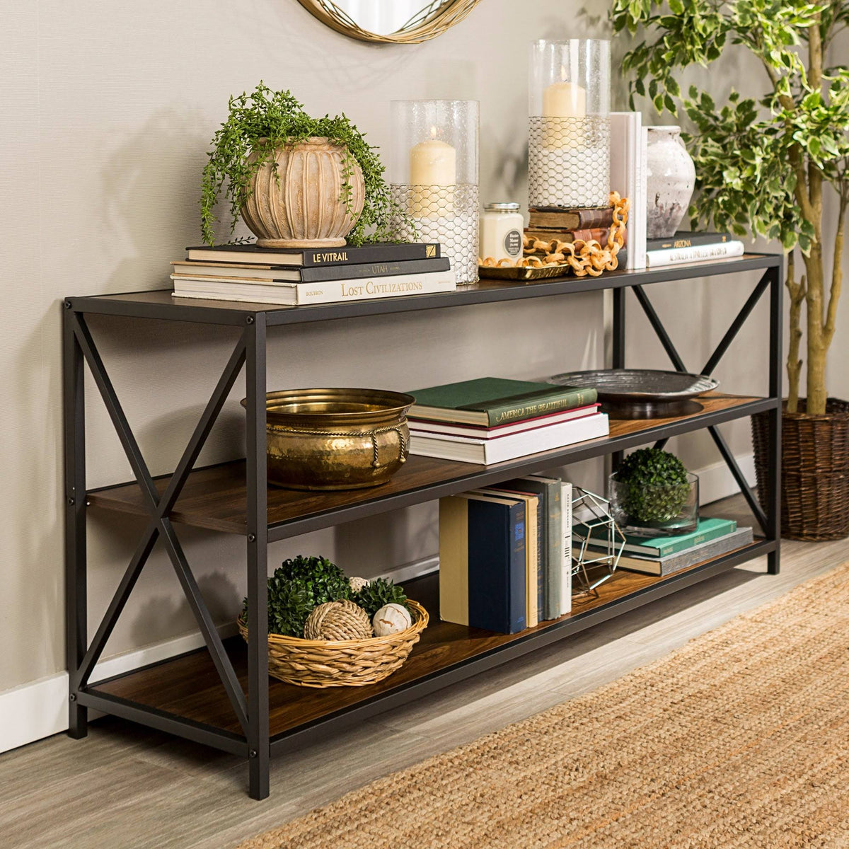 Dark Walnut / Black Metal X-Frame Bookshelf S783239