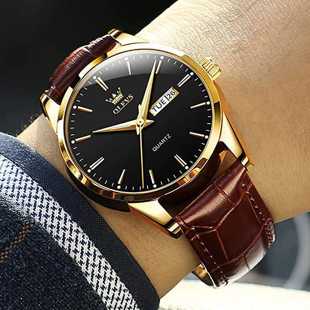 Men's Casual Analog Quartz Watch Brown/Black Leather Band O410