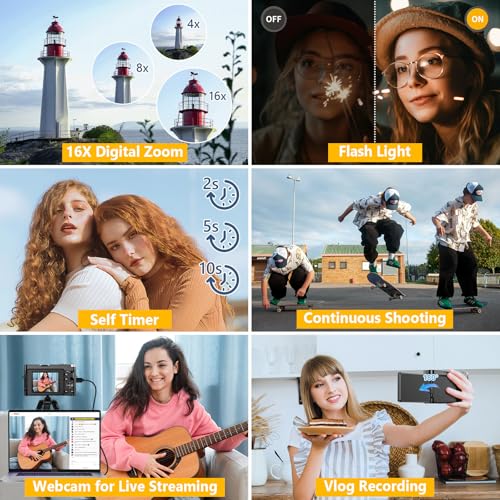 4K 64MP Compact Digital Camera with 32GB Card, 2 Batteries, Black J467