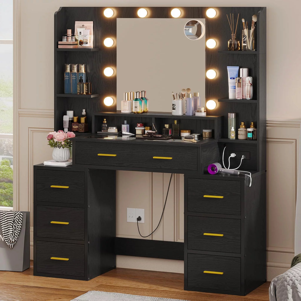 Black Vanity Desk with Lights and Charging Station M888898