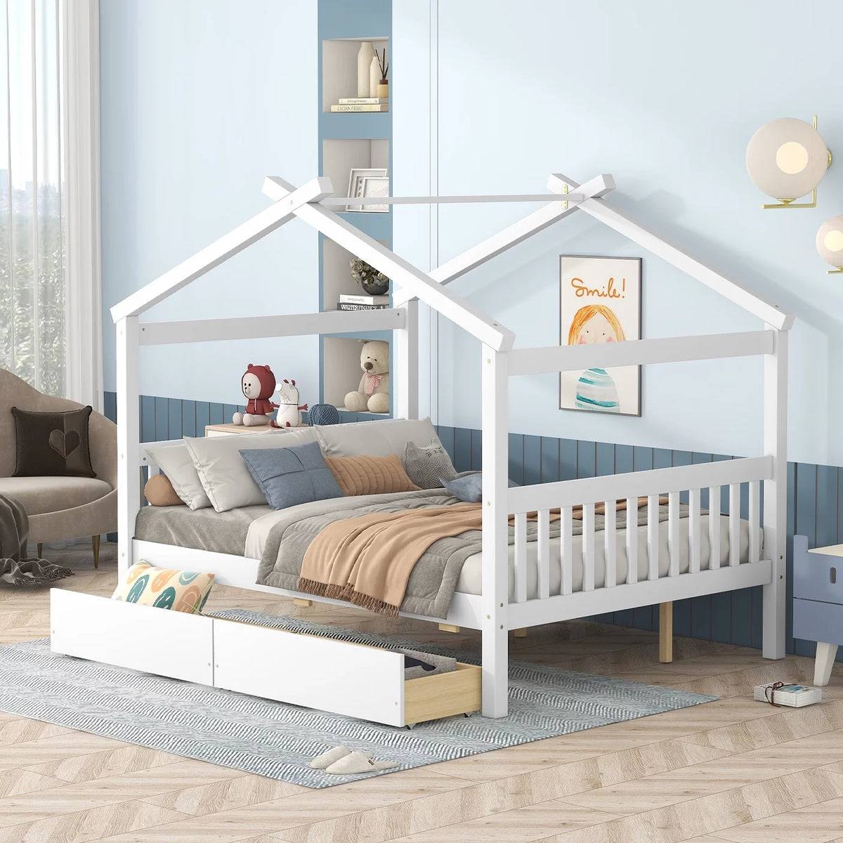 Full Size White Wooden House Bed with Drawers U67742