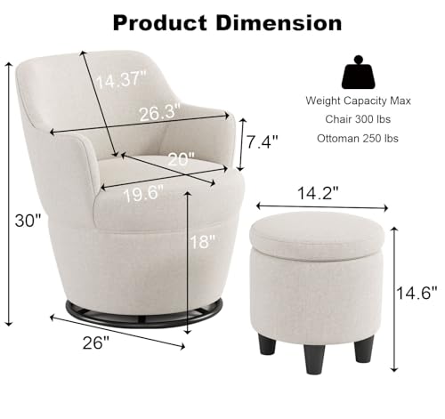 Beige Cotton Linen Upholstered Swivel Chair with Storage Ottoman M7259