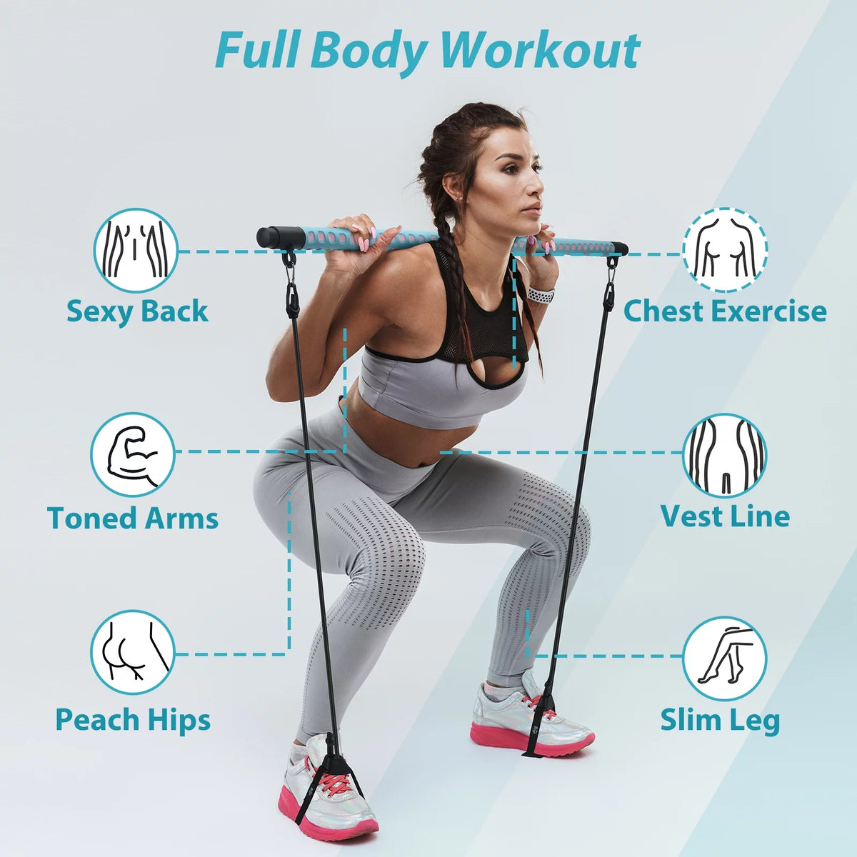 Adjustable Pilates Bar Kit with 4 Resistance Bands D5677