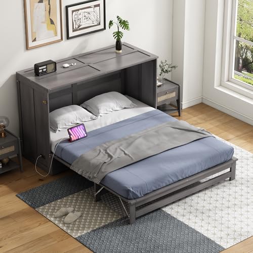 Queen Size Wood Murphy Bed with Charging Station and Storage Drawer G772388