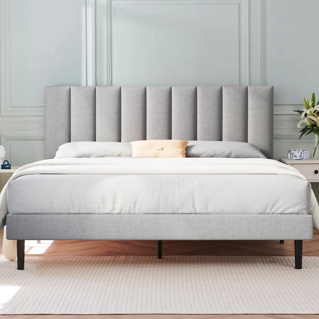 Full Platform Bed Frame with Upholstered Headboard, Beige K157827