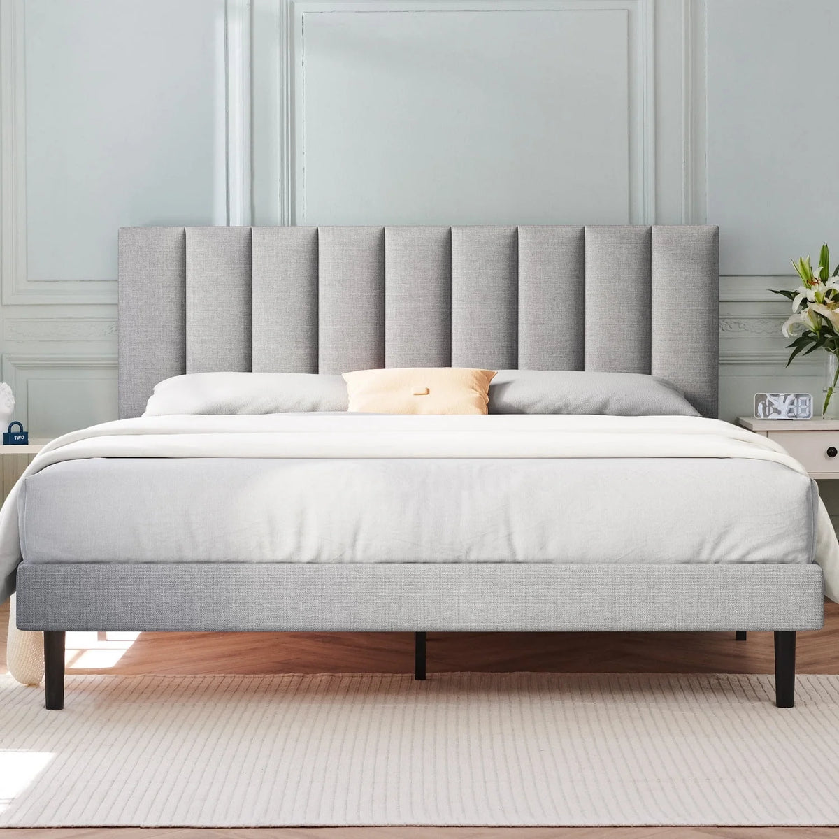 Full Platform Bed Frame with Upholstered Headboard, Beige K157827
