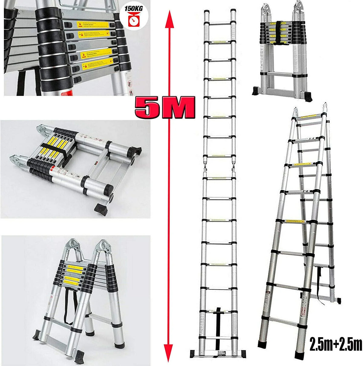 Telescoping Aluminum Extension Ladder with Stabilizer Bar 16.5FT A-Frame Ladder 330 Lb Capacity R36108