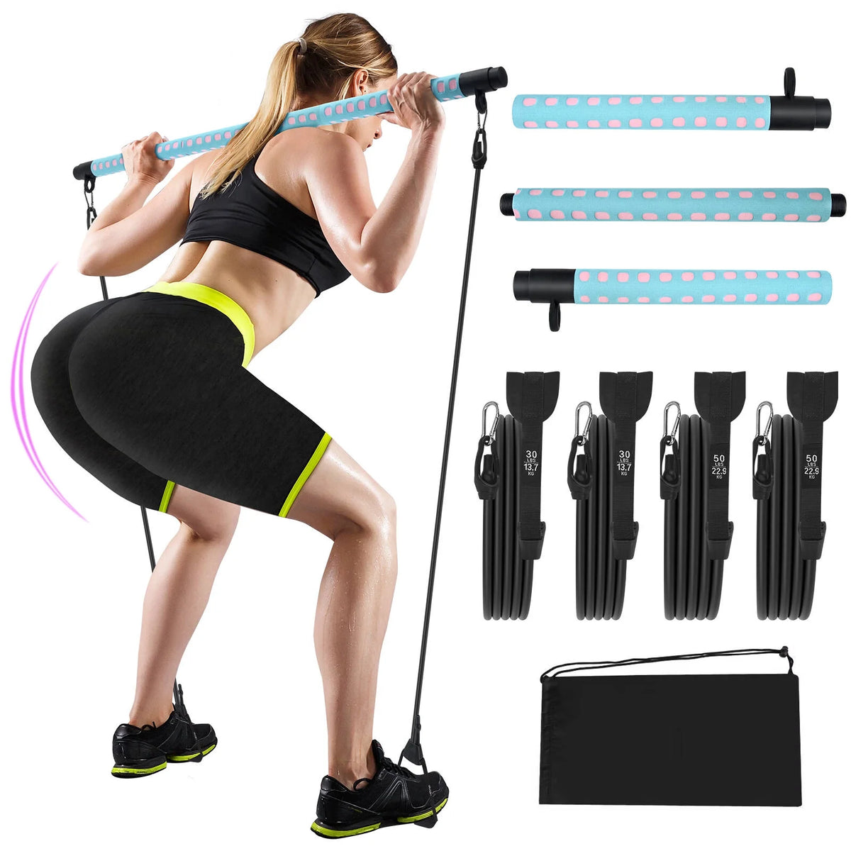 Adjustable Pilates Bar Kit with 4 Resistance Bands D5677