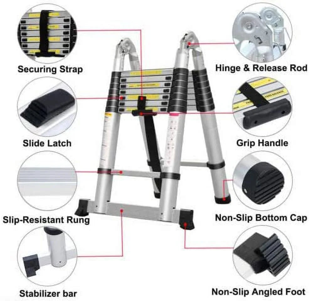 Telescoping Aluminum Extension Ladder with Stabilizer Bar 16.5FT A-Frame Ladder 330 Lb Capacity R36108