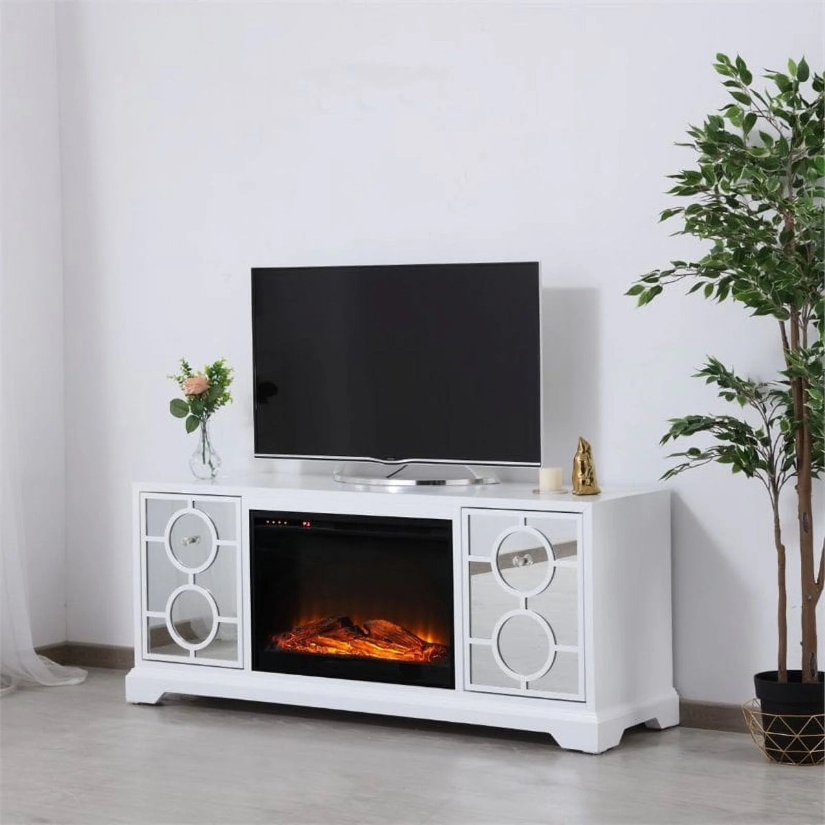 White Mirrored TV Stand with Wood Fireplace Insert W34736