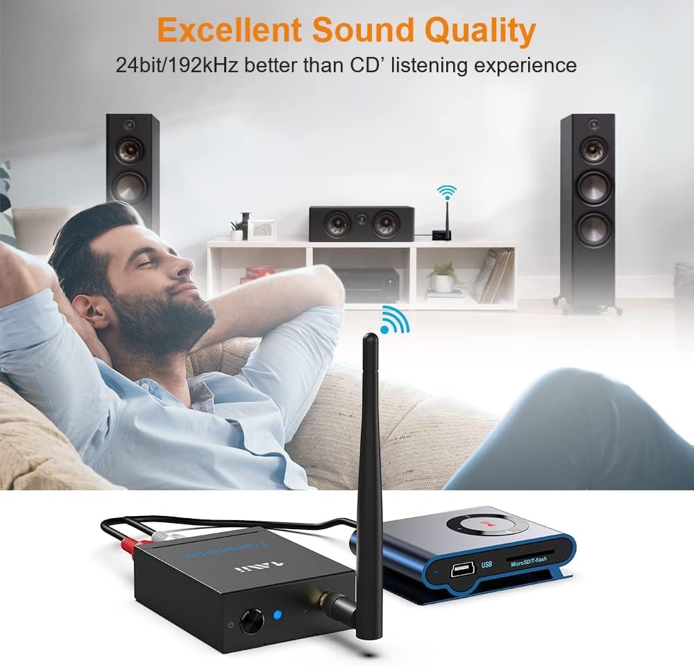 Wireless Transmitter Receiver Audio, 2.4GHz Long Range Audio Transmitter and Receiver Low Delay, RCA Out/in 320ft R906