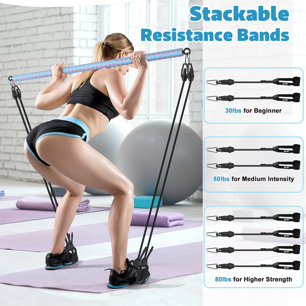 Adjustable Pilates Bar Kit with 4 Resistance Bands D5677