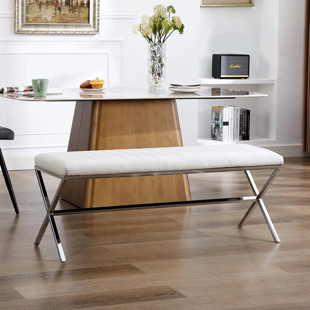 Faux Leather Upholstered Bench with Metal X Legs Q696