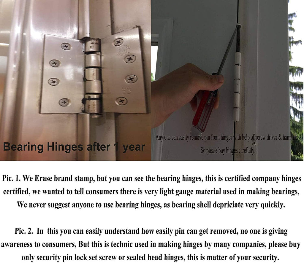 4 Inch Stainless Steel Hinge with Removable Pin, Satin Finish, Heavy Duty, 3 Hinges with 24 Screws N4359