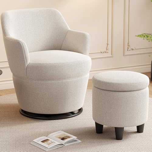 Beige Cotton Linen Upholstered Swivel Chair with Storage Ottoman M7259