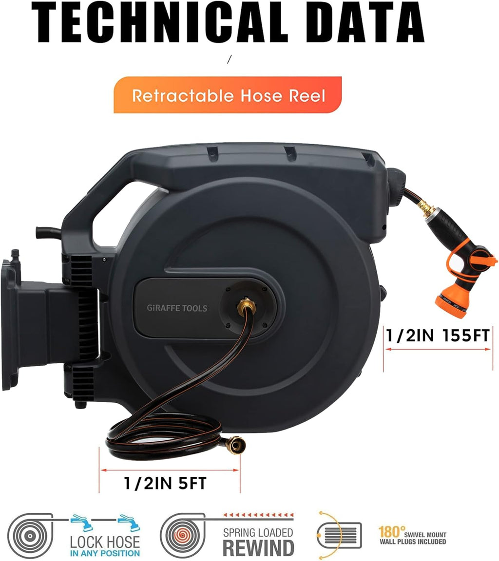 Retractable Wall Mounted Garden Hose Reel, 5/8" x 115+5 ft, Automatic Rewind B727747