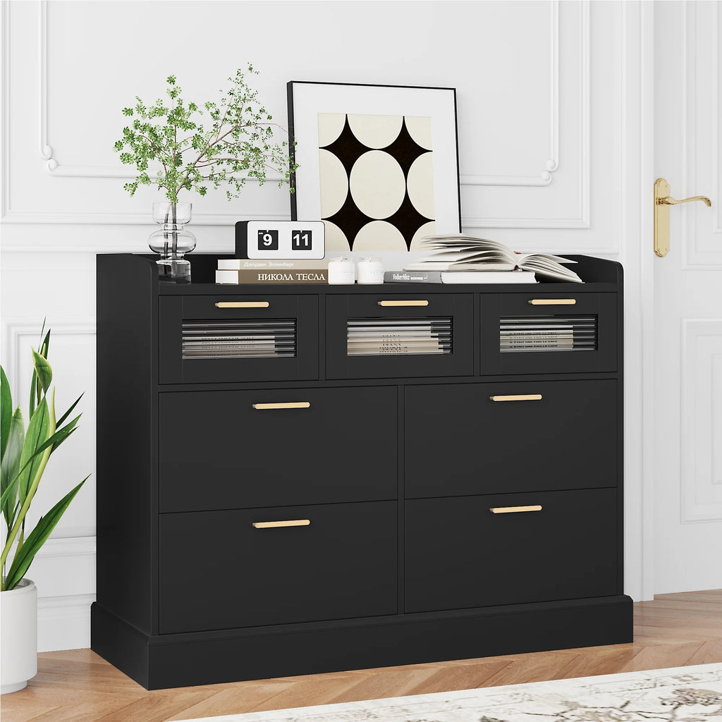 White 7 Drawer Glass Panel Wood Dresser Y46708