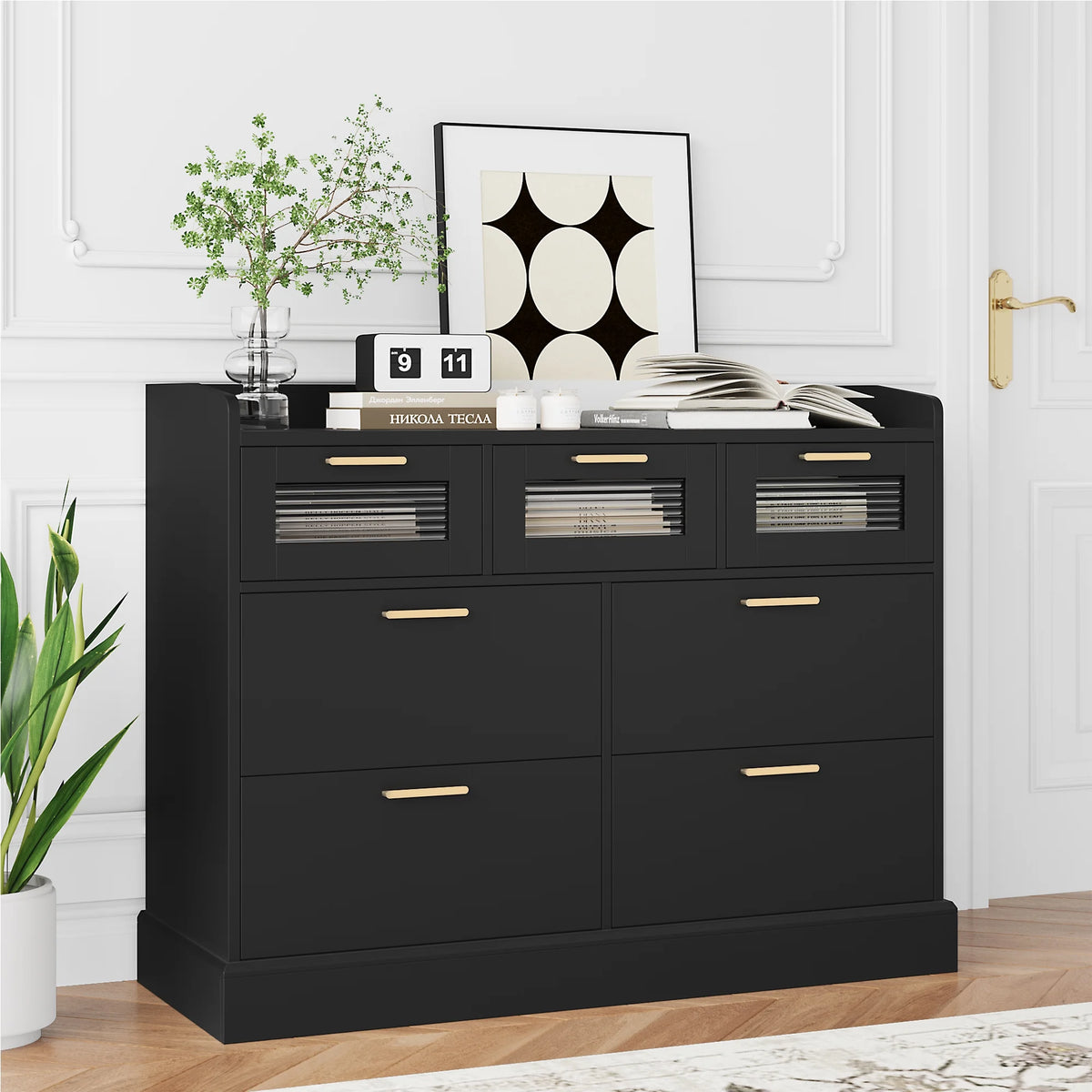 White 7 Drawer Glass Panel Wood Dresser Y46708