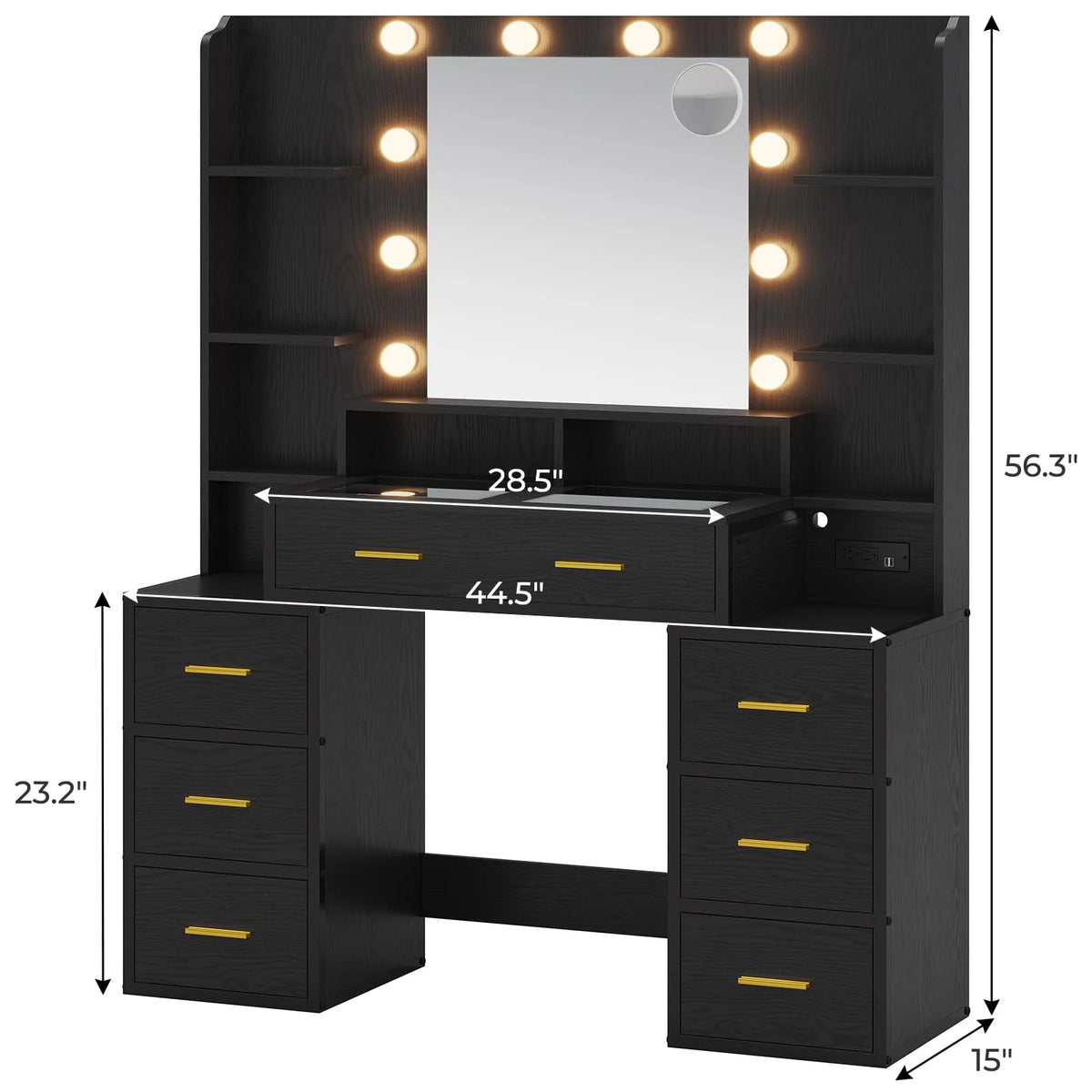 Black Vanity Desk with Lights and Charging Station M888898