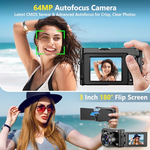4K 64MP Compact Digital Camera with 32GB Card, 2 Batteries, Black J467