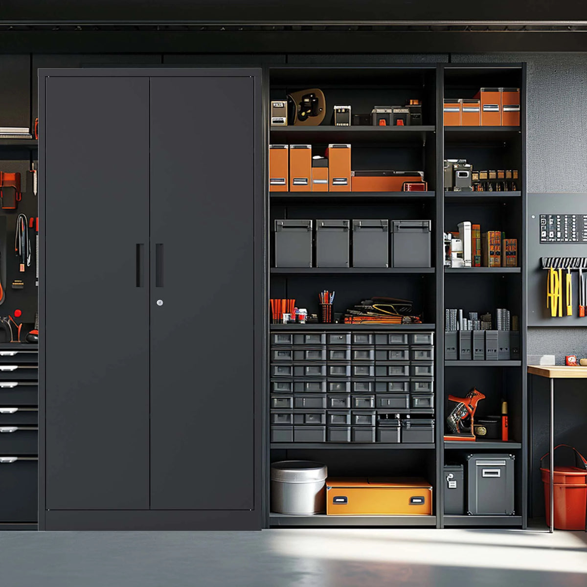 Black Metal Locking Storage Cabinet with 4 Shelves F2550