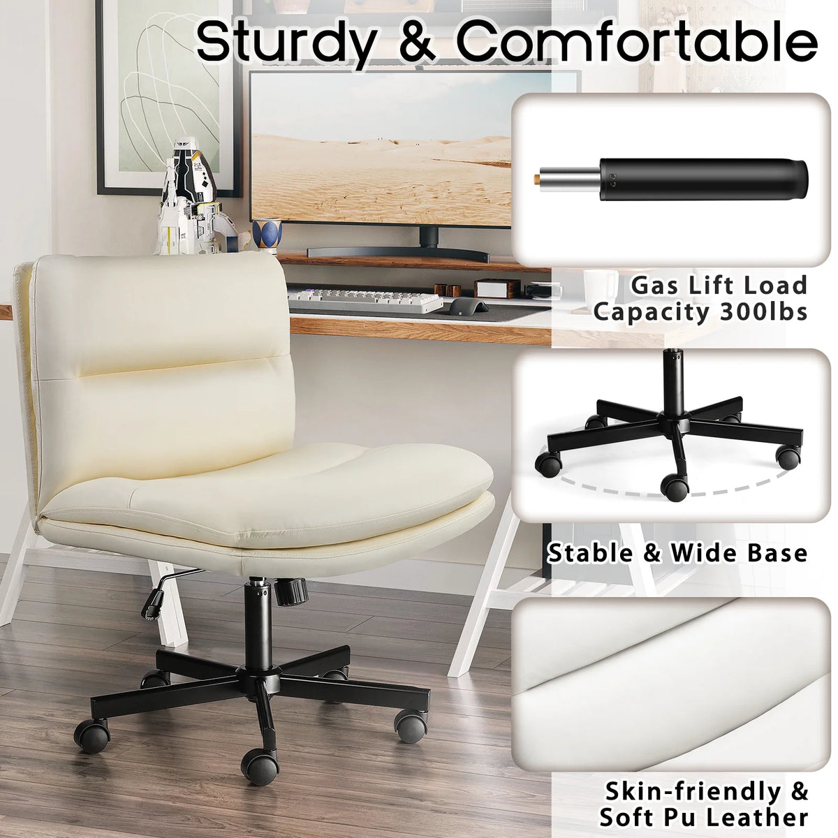 PU Leather Armless Cross Legged Office Desk Chair with Wheels V465