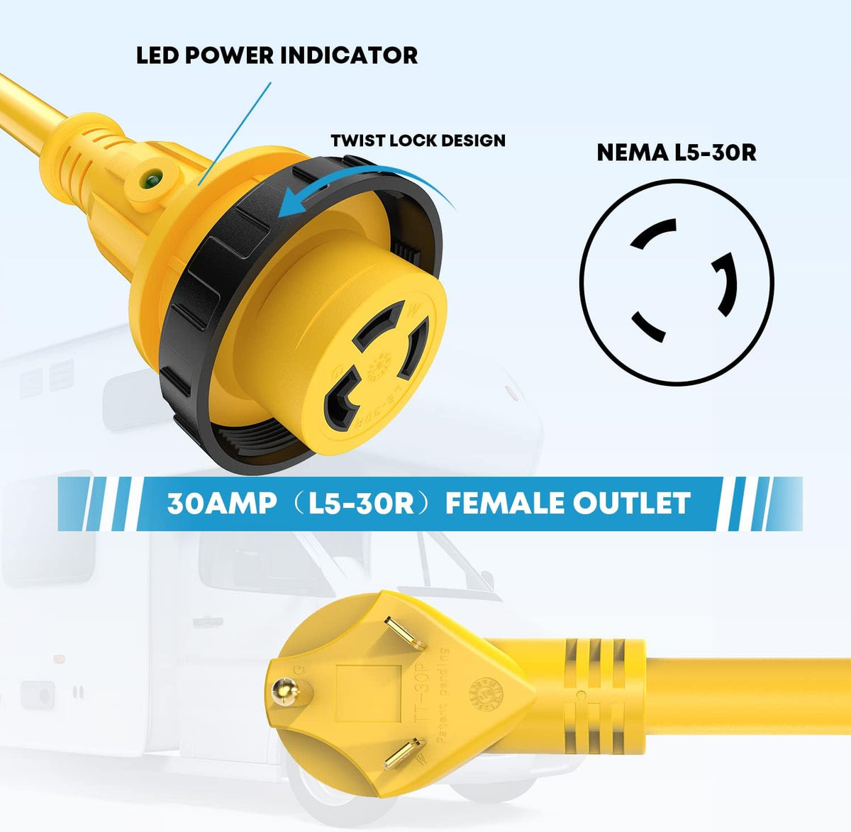 30 Amp RV Power Extension Cord 50 ft with LED Indicator, 125V, 3750W U467