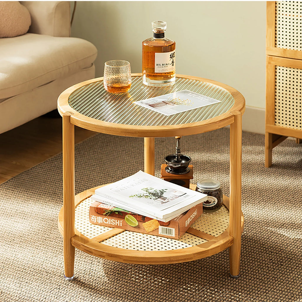 Round Wood Coffee Table with Storage Shelves V15213