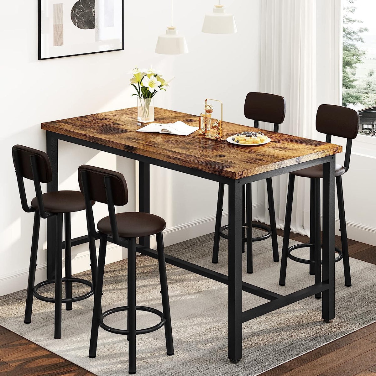 Faux Wooden 5-Piece Table Set with 4 Upholstered Chairs J42347
