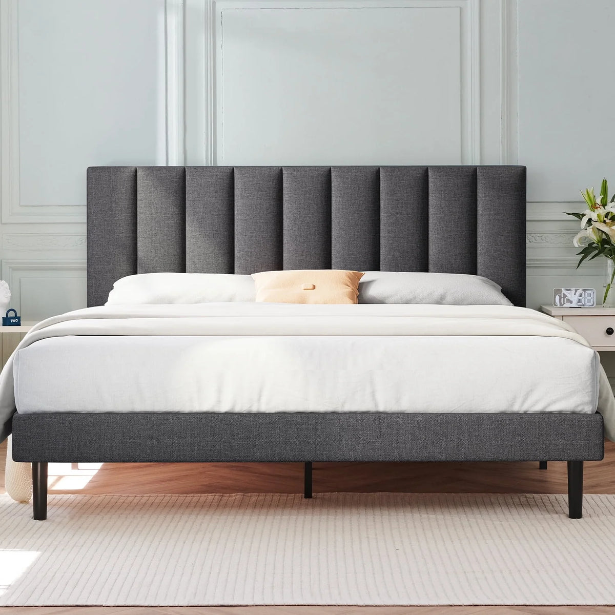 Full Platform Bed Frame with Upholstered Headboard, Beige K157827