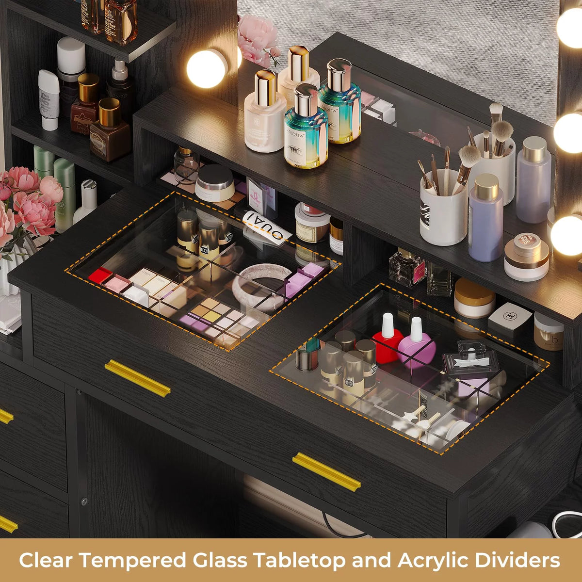 Black Vanity Desk with Lights and Charging Station M888898