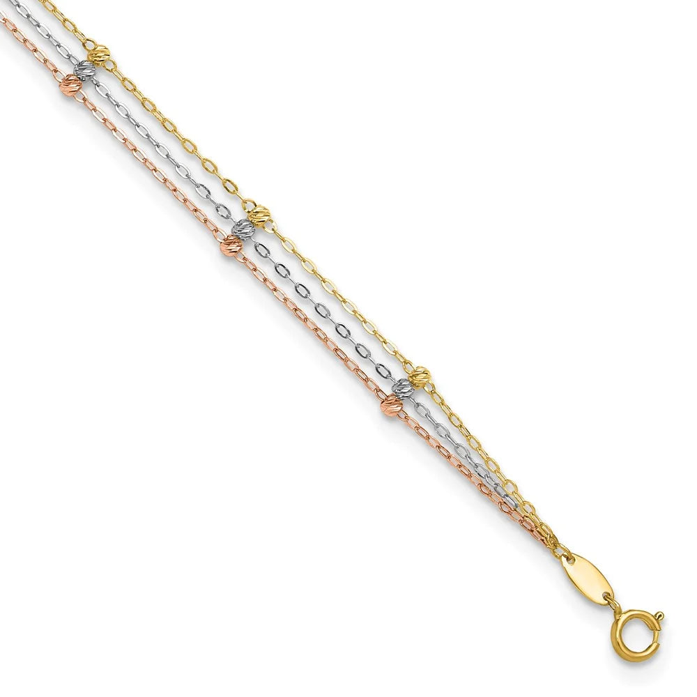14 Karat Tri-color 3-Strand Beaded Anklet Q6953