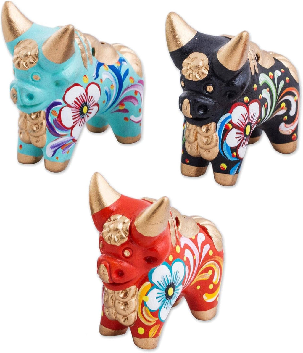 Red Black Turquoise Hand Painted Floral Ceramic Bull Figurines, Set of 3 O306475