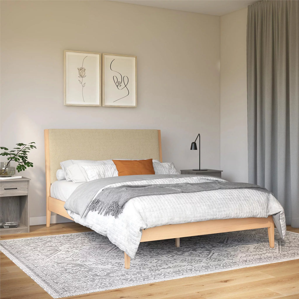 Beige Linen Queen Upholstered Wood Bed Frame S63527